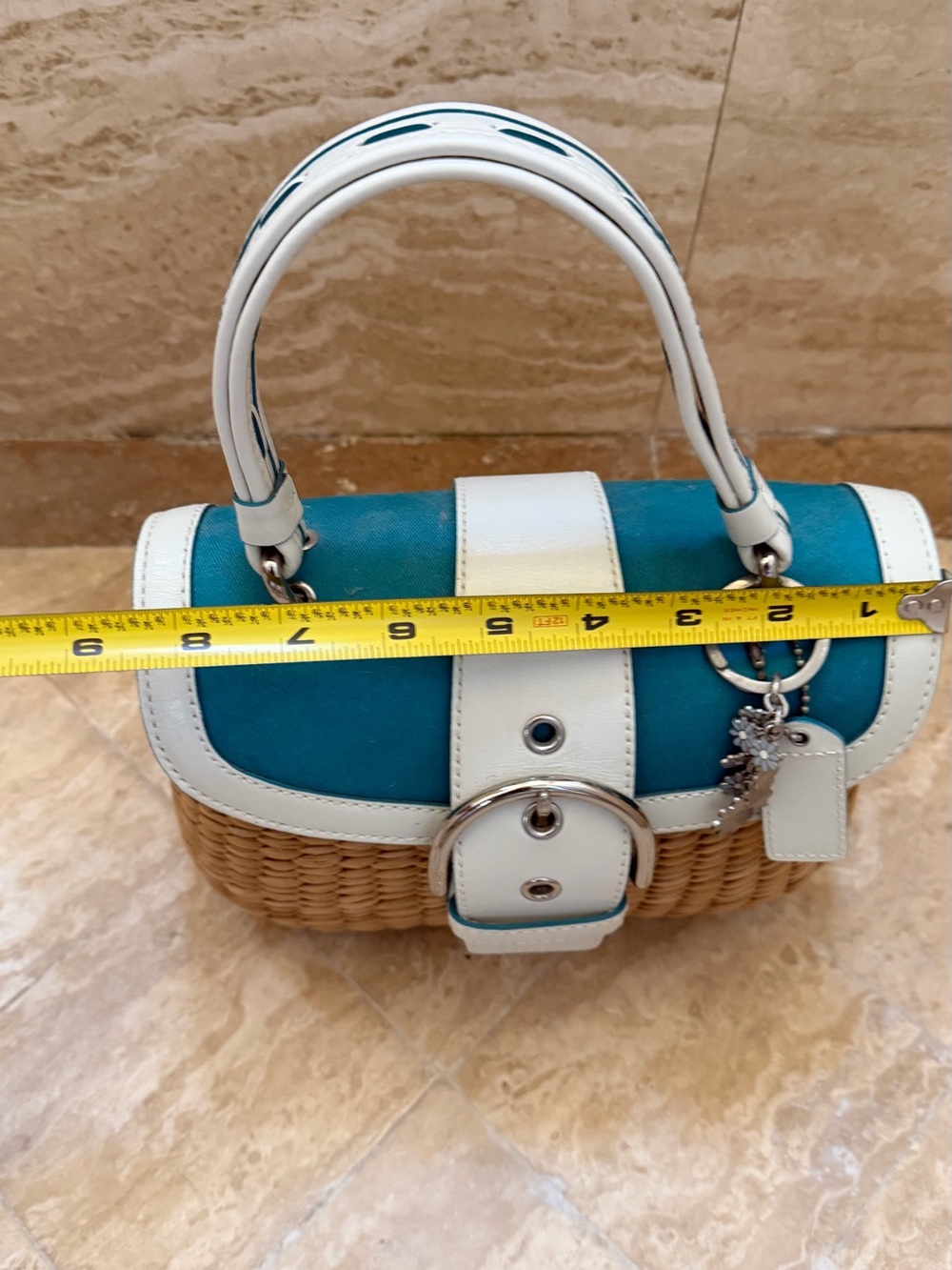 coach Y2K vintage SUMMER straw leather PURSE Teal and White Woven Top-Handle - Picture 4 of 16